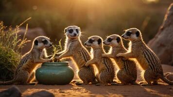 A group of meerkats curiously interacting with a pot in a sunlit environment. photo