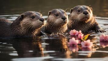 Three otters swimming among pink flowers in a serene water setting. photo
