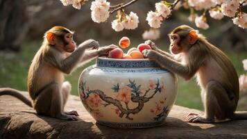 Two monkeys play with fruit in a decorative bowl under blooming branches. photo