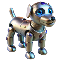 joyful fascinating Robotic dog with metallic plating and glowing sensors. NO BACKGROUND with Transparent Background. high resolution png