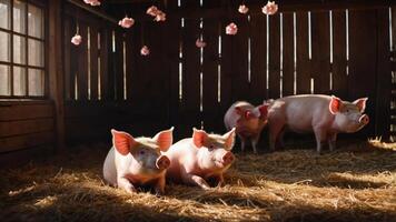 A serene barn scene with pigs resting on straw, illuminated by soft natural light. photo