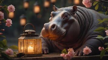 A hippo beside a lantern and flowers in a serene setting. photo