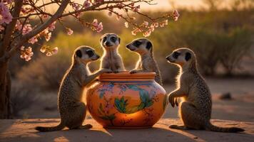 Four meerkats gathered around a colorful pot under blooming branches at sunset. photo