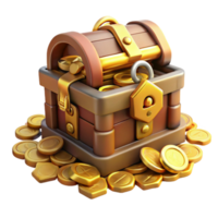 unforgettable surreal Ornate treasure chest, overflowing with gold coins, lock and key, NO BACKGROUND with Transparent Background. masterfully captured png
