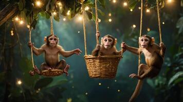 Three monkeys sitting in woven baskets under glowing lights in a lush jungle setting. photo