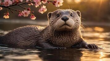 A playful otter swimming in a serene setting with cherry blossoms at sunset. photo