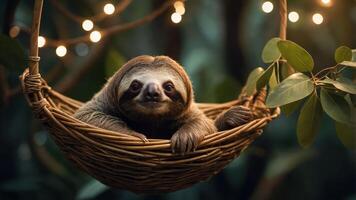 A sloth relaxing in a woven basket surrounded by greenery and soft lights. photo