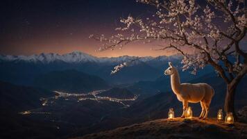 A serene llama stands near a blossoming tree under a starry sky, surrounded by lanterns. photo