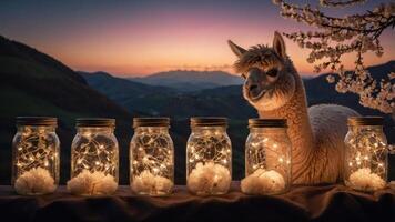 A serene scene featuring a llama beside illuminated jars at sunset. photo