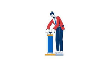 homem de negocios inflar com ar bomba 2d personagem animação. produtividade empurrar. o negócio metáfora. profissional homem bombeamento açao animado pessoa desenho animado 4k isolado em branco transparente video