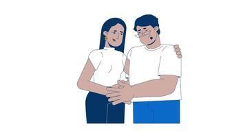 Arab couple embracing in comforting empathy and emotional support 2D character animation. Middle eastern woman wife consoling man husband animated people cartoon 4K isolated on white transparent video