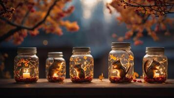 A serene display of illuminated jars with squirrel figures, surrounded by autumn leaves. photo
