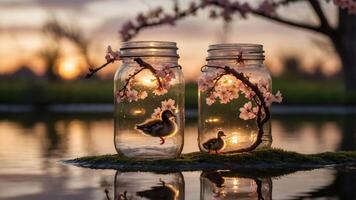 A serene scene with jars, ducklings, and cherry blossoms reflecting in water at sunset. photo