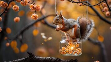 A squirrel perched in a jar surrounded by flowers, illuminated by soft light. photo