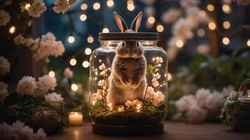 A rabbit enclosed in a jar surrounded by flowers and lights, creating a whimsical atmosphere. photo