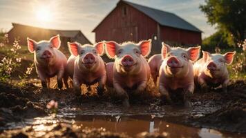 A group of playful pigs running towards the camera in a sunny farm setting. photo