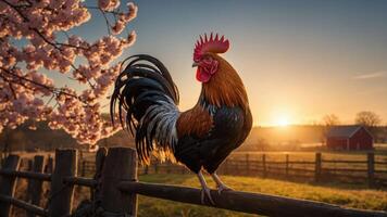 A rooster stands on a fence at sunrise, surrounded by blooming trees and a farm landscape. photo