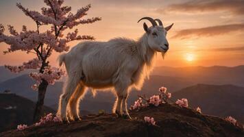 A goat stands on a rocky outcrop with cherry blossoms at sunset. photo