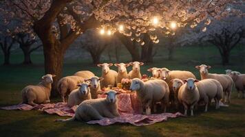A whimsical picnic scene with sheep gathered around a table under cherry blossom trees. photo