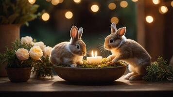Two rabbits near a candle surrounded by flowers and greenery, creating a cozy atmosphere. photo