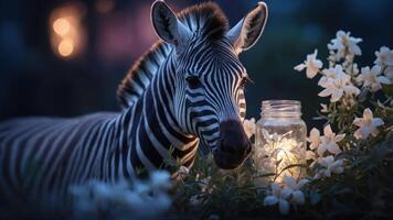 A zebra beside a glowing jar and flowers in a serene evening setting. photo