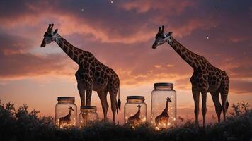 Giraffes stand beside glowing jars containing miniature giraffes at sunset. photo