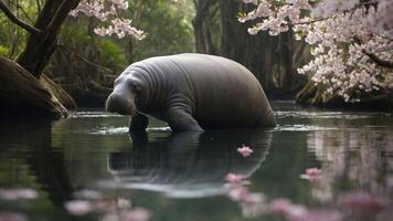 A serene scene featuring a manatee in a tranquil waterway surrounded by cherry blossoms. photo