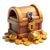 joyful mesmerizing Ornate treasure chest, overflowing with gold coins, lock and key, NO BACKGROUND with Transparent Background. premium png
