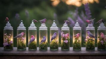 A serene display of birds in glass jars surrounded by flowers, illuminated softly. photo