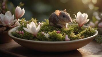 A small mouse sits among flowers and moss in a tranquil setting. photo