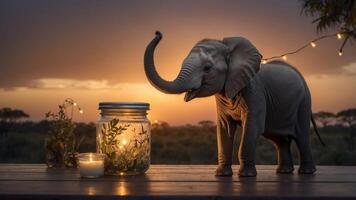 A playful elephant beside a candlelit jar at sunset, creating a serene atmosphere. photo