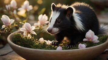 A black and white animal sits on moss surrounded by pink flowers in a serene setting. photo