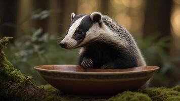 A badger curiously peers over a wooden bowl in a serene forest setting. photo