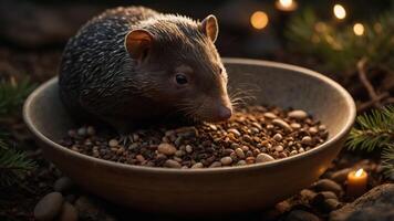 A small animal sits in a bowl of seeds, surrounded by a cozy, softly lit environment. photo