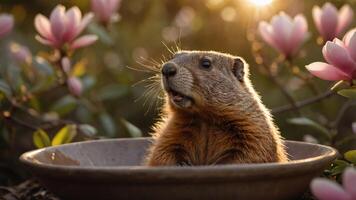 A groundhog sitting in a bowl surrounded by blooming flowers during sunset. photo