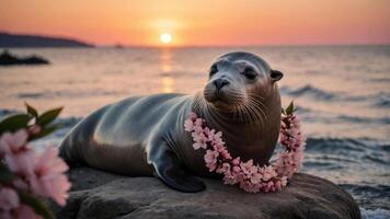 A seal adorned with flowers rests on a rock by the ocean during sunset. photo