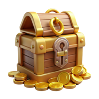 iconic creative Ornate treasure chest, overflowing with gold coins, lock and key, NO BACKGROUND with Transparent Background. studio quality png