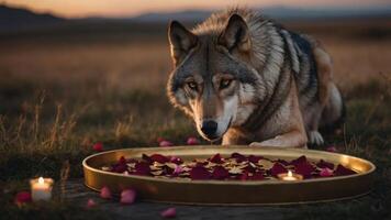 A wolf gazes intently at a decorative tray with rose petals and candles in a serene landscape. photo