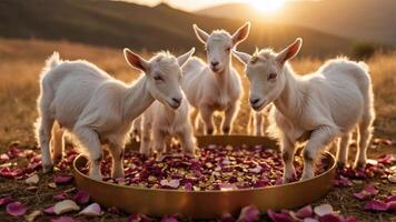 Three playful goats surrounded by flower petals in a serene landscape at sunset. photo