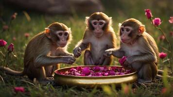 Three monkeys enjoying a bowl of flower petals in a serene outdoor setting. photo