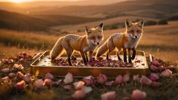 Two foxes standing on a tray surrounded by rose petals in a sunset landscape. photo