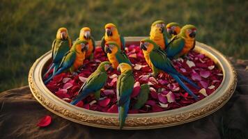 A vibrant display of colorful parrots resting on rose petals in an ornate tray. photo