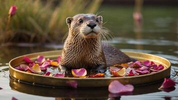 An otter sits in a golden tray filled with flower petals on a serene water surface. photo