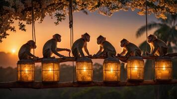 Monkeys sitting on a branch with glowing lanterns at sunset. photo