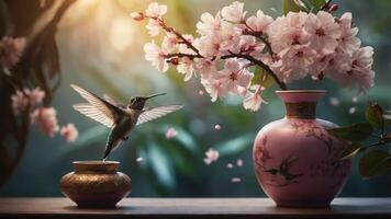 A hummingbird hovers near cherry blossoms in a serene setting with decorative vases. photo
