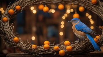 A bluebird perched on a decorative wreath with oranges and warm lights in the background. photo