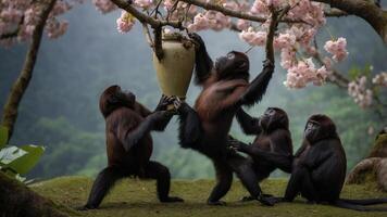 A group of monkeys interacting with a decorative pot beneath cherry blossom trees. photo