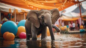 An elephant splashes in water surrounded by colorful balloons at a festive event. photo