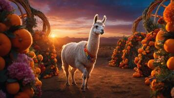 A llama stands amidst vibrant orange decorations at sunset, creating a festive atmosphere. photo
