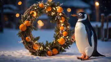 A penguin stands beside a festive wreath adorned with oranges and lights in a snowy setting. photo